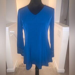Blue Pleated Business to Evening Susan Graver Artisan Bracelet Sleeve Tunic.
